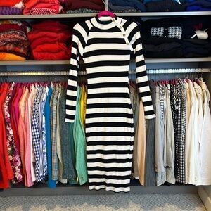 Zara black/white striped long sleeve mock neck midi dress size M